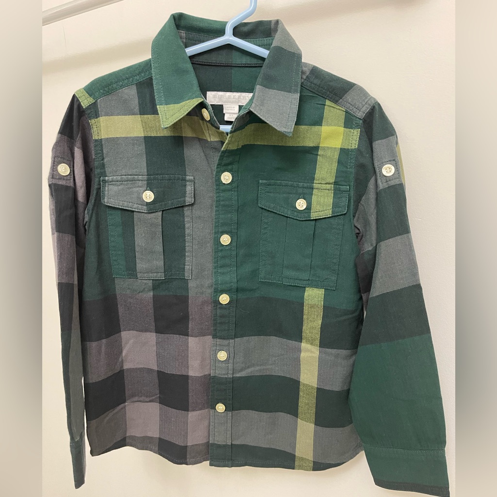 Burberry Moss Green/Black/Yellow Plaid Dress Shirt For Boys 6y